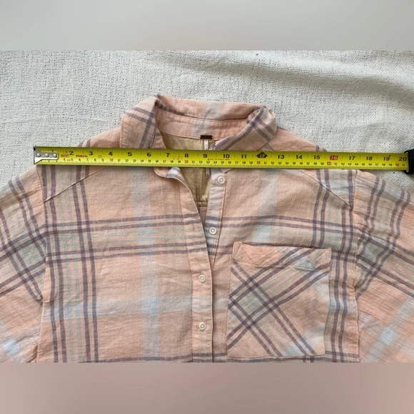 FREE People Peach purple white Cropped Boxy Fit Wide Sleeve Flannel Shirt S - Picture 7 of 11